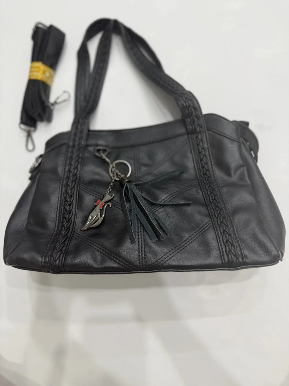 X.N CROWN Black Shoulder Bag Braided Strap Cat Charm Y2K Chic Trendy